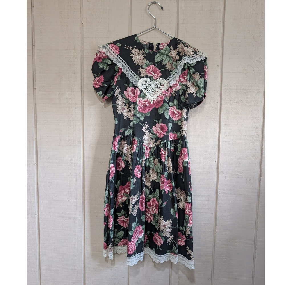 Vintage Jessica McClintock Floral Cottage Lace Dress Black Pink Rose 8 USA